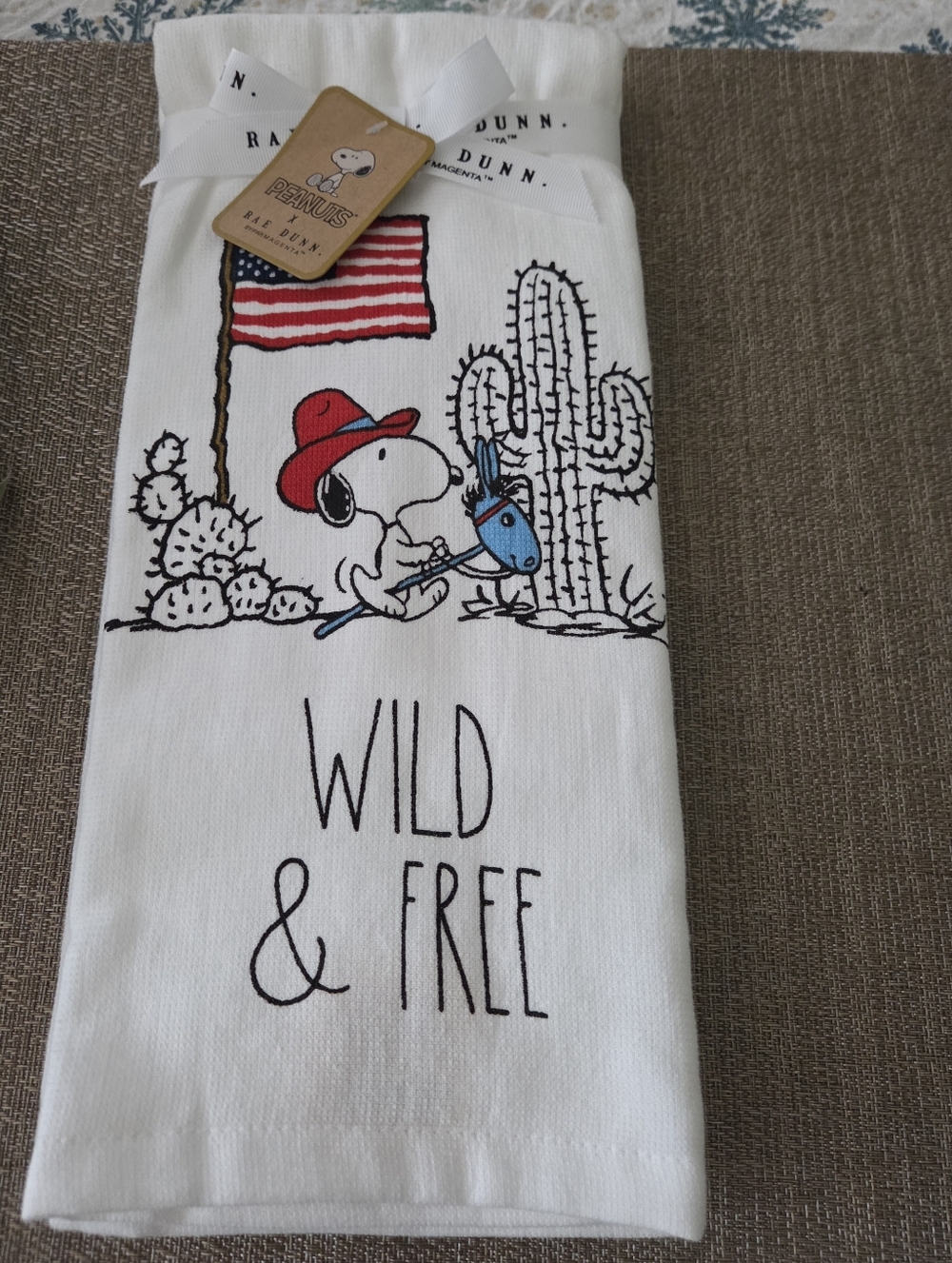 Rae Dunn White Kitchen Towels with Snoopy Cowboy and Flag